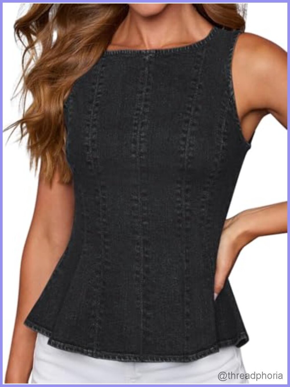 Women's Stretch Denim Peplum Tank Top, Sleeveless Casual Blouse, Back Zipper